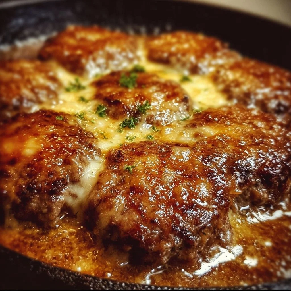 Delicious Amish Hamburger Steak Bake topped with rich gravy and served with veggies.