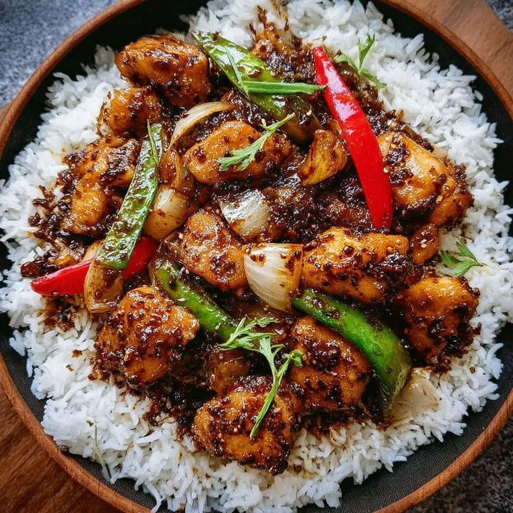 Delicious black pepper chicken dish with spices and vegetables