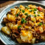 Cheesy ground beef and potato casserole in a baking dish, topped with cheese.
