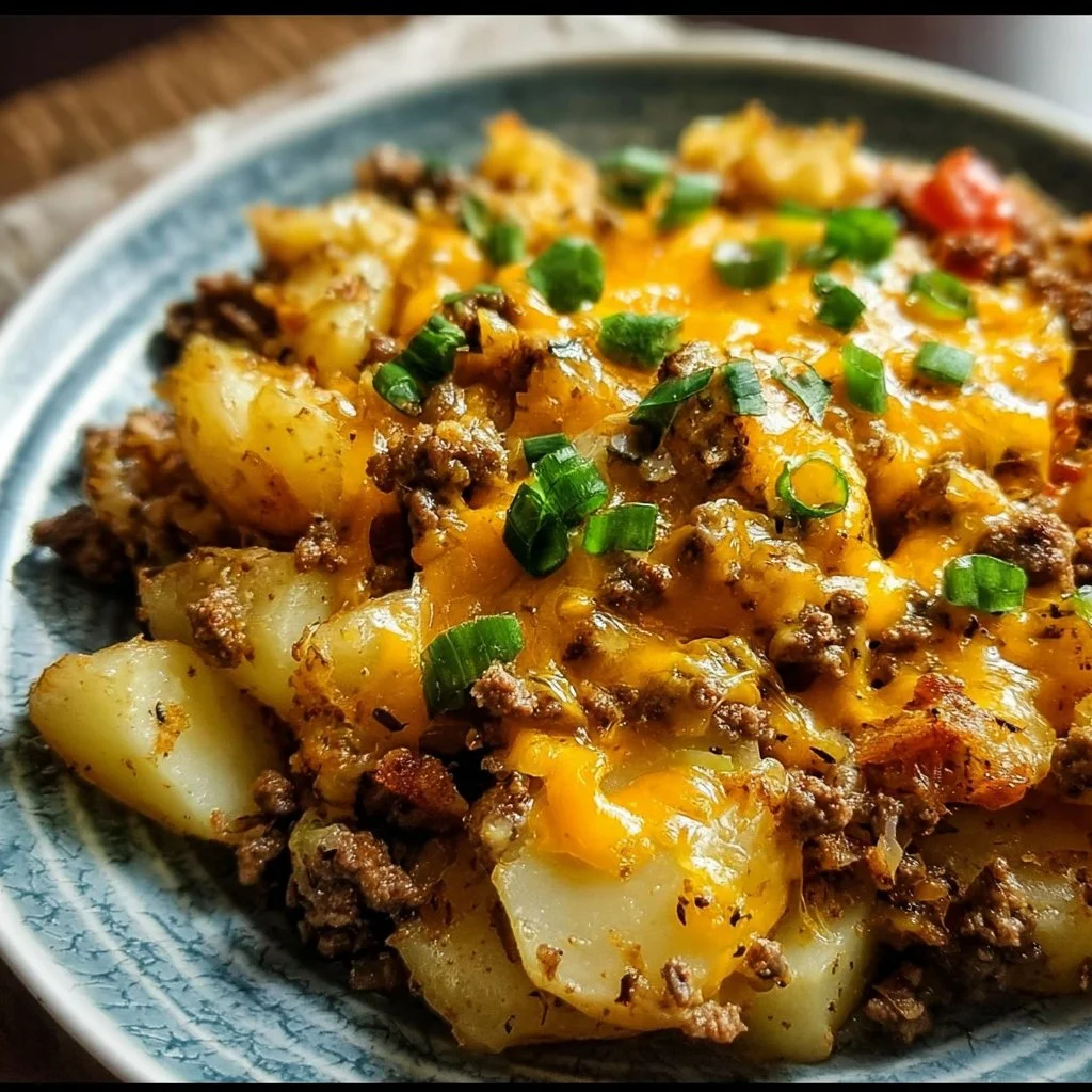 Cheesy ground beef and potato casserole in a baking dish, topped with cheese.