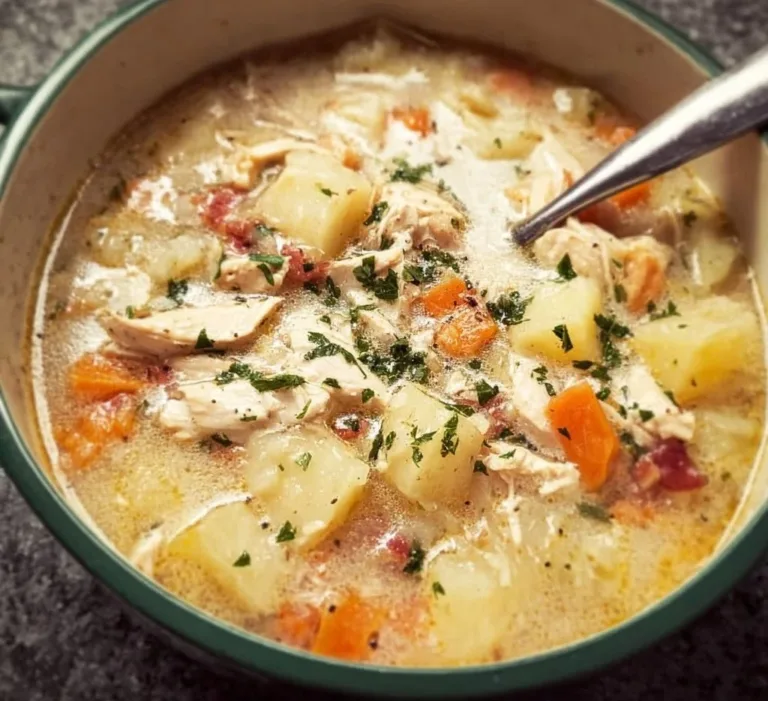 Bowl of homemade Chicken Potato Soup with vegetables and herbs.