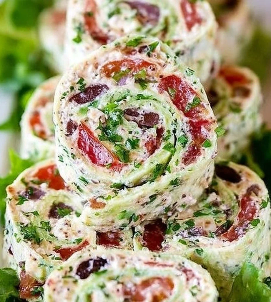 Creamy Greek Salad Pinwheels Greek salad Creamy Greek salad pinwheels serving on a plate, garnished with fresh herbs.