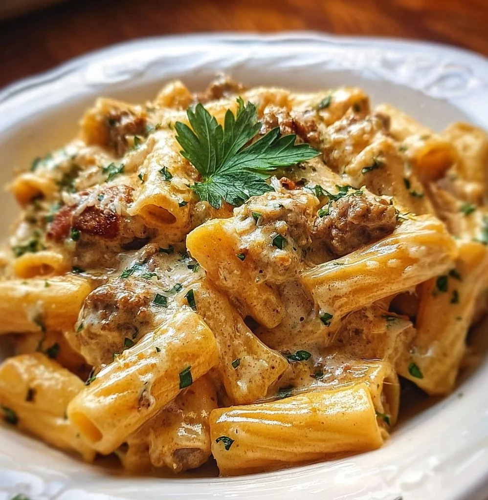 Creamy Sausage Rigatoni sausage rigatoni Creamy sausage rigatoni served in a bowl with fresh herbs