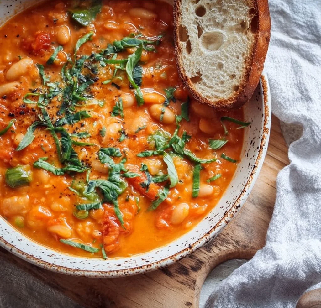 Creamy Vegan Tomato White Bean Stew vegan tomato stew Bowl of creamy vegan tomato white bean stew with fresh herbs