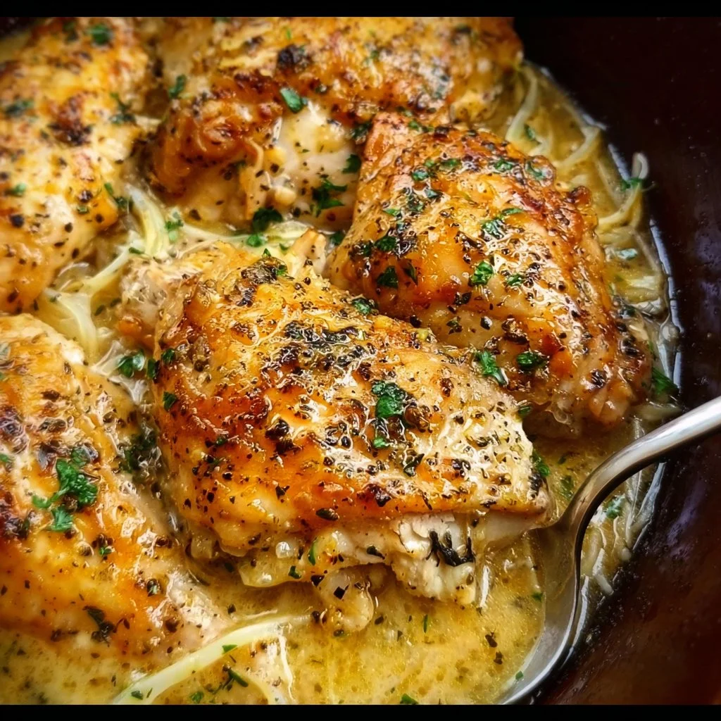 Plate of delicious Crock Pot Angel Chicken garnished with herbs