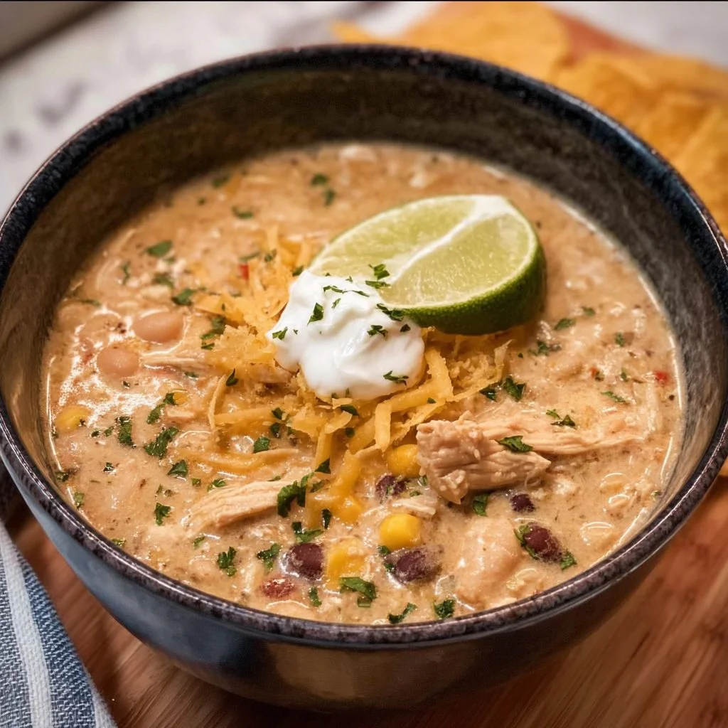 Crockpot White Chicken Chili white chicken chili Delicious crockpot white chicken chili served in a bowl.
