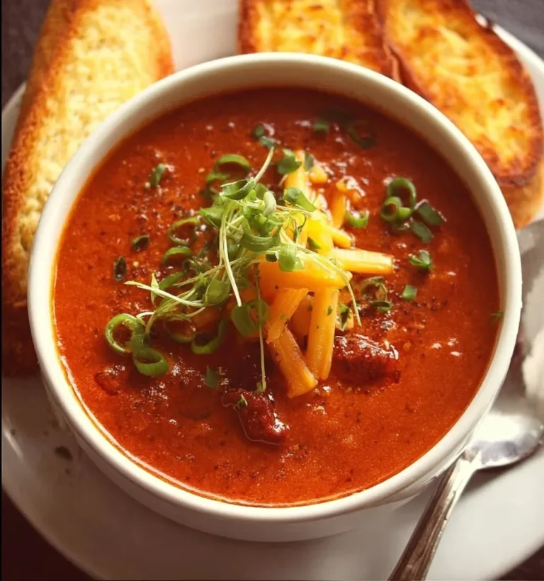 Bowl of delicious tomato soup with a twist, garnished with fresh herbs.