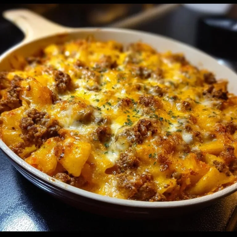 Delicious Hobo Casserole ready to serve, featuring layers of vegetables and meat.