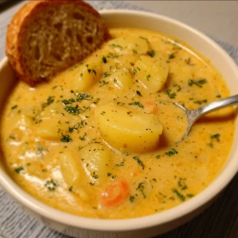 Bowl of homemade German potato soup (Kartoffelsuppe) garnished with fresh herbs