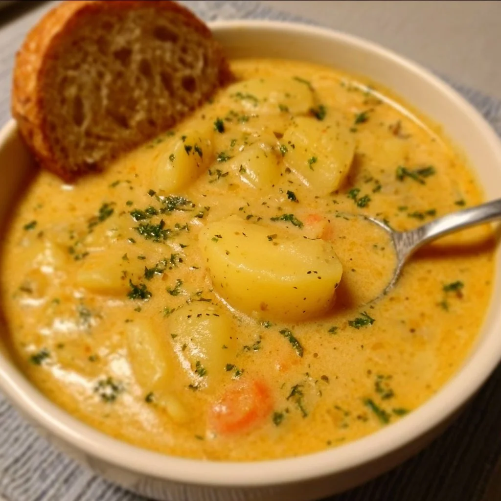 Homemade German Potato Soup (Kartoffelsuppe) German potato soup Bowl of homemade German potato soup (Kartoffelsuppe) garnished with fresh herbs