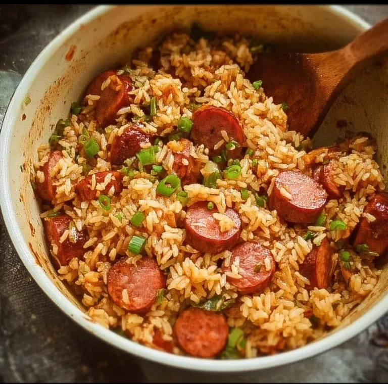 One pot smoked sausage and rice dish served with herbs