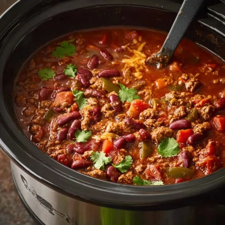 Bowl of hearty slow cooker chili with beans and spices, perfect for a cozy meal.