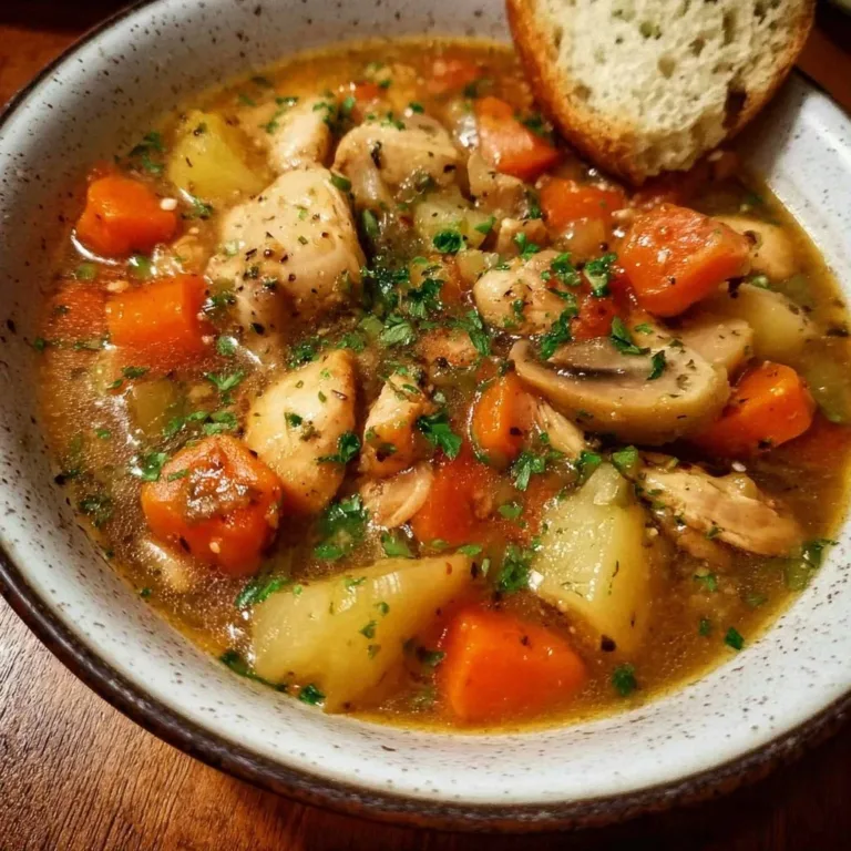 Bowl of slow cooker chicken stew with vegetables and herbs.