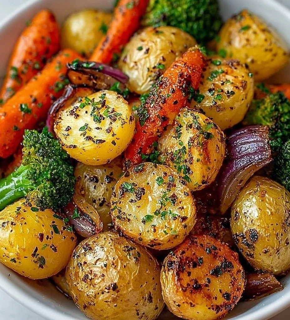Garlic Herb Roasted Potatoes and Veggies roasted potatoes Garlic herb roasted potatoes and veggies served in a bowl
