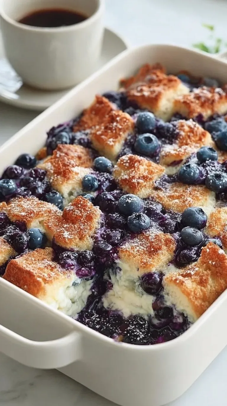 Delicious Quick Blueberry French Toast Casserole topped with fresh blueberries