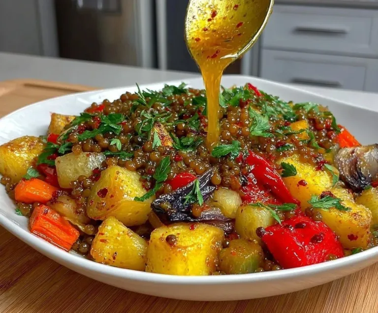Plate of roasted vegetables topped with creamy garlic feta sauce