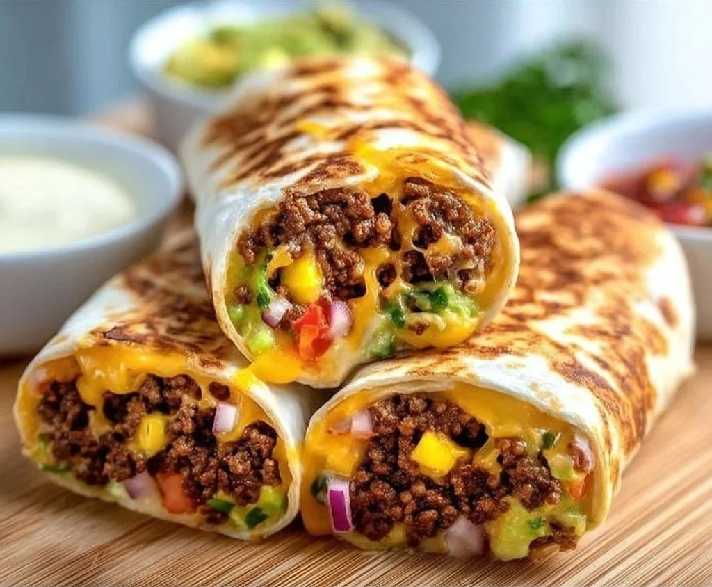 Vegan Cheeseburger Wraps vegan cheeseburger Delicious vegan cheeseburger wraps on a plate, ready to eat.