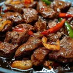Delicious classic pepper steak served with vegetables and herbs.