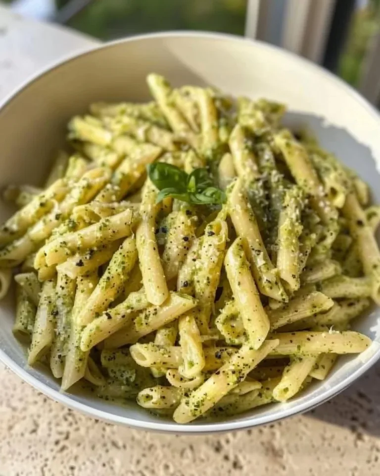 Creamy pesto sauce pasta with fresh basil and pine nuts
