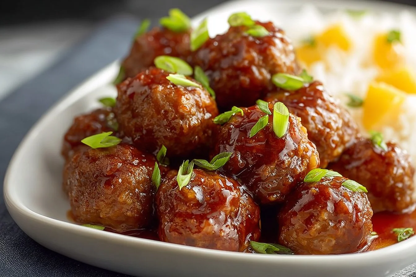 Crockpot Hawaiian Meatballs Hawaiian meatballs Delicious Crockpot Hawaiian Meatballs served in a bowl with pineapple and sauce