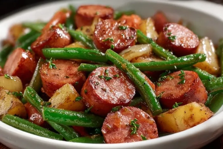 Plate of Crockpot Kielbasa and Green Beans served with seasonings