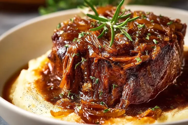 Delicious French Onion Pot Roast served with melted cheese and herbs