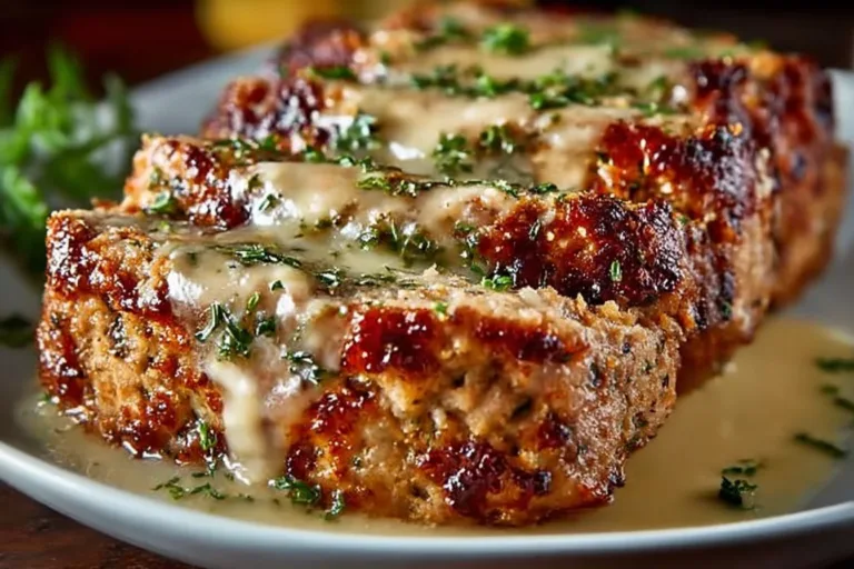 Garlic Parmesan Chicken Meatloaf Chicken Caesar Garlic Parmesan Chicken meatloaf with herbs and cheese on a rustic wooden table