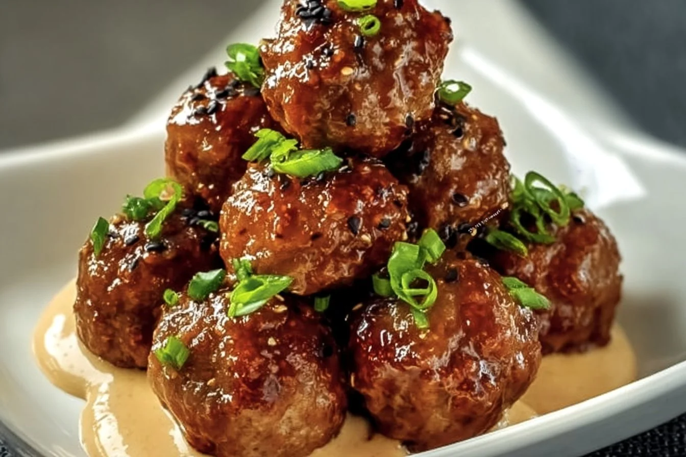 Korean BBQ Meatballs Korean BBQ Delicious Korean BBQ meatballs served with garnishes
