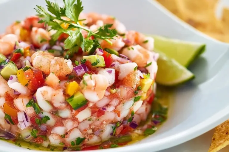 Delicious Shrimp Ceviche served in a bowl with lime and cilantro