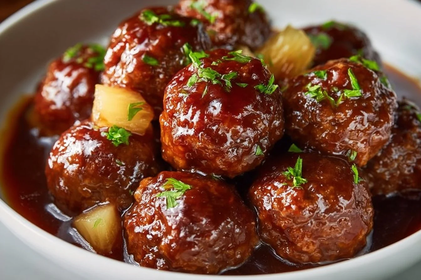 Slow Cooker Pineapple Barbecue Meatballs barbecue meatballs Delicious slow cooker pineapple barbecue meatballs served on a platter.
