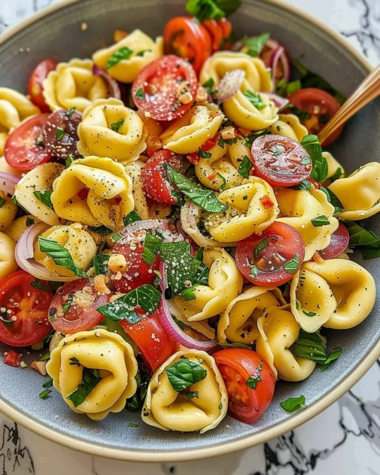 Colorful Tortellini Pasta Salad with vegetables and dressing