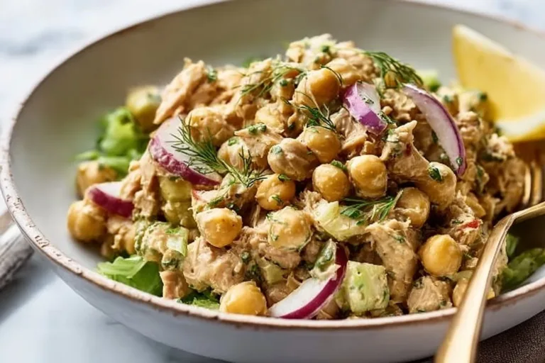 Delicious 10 Minute Chickpea Tuna Salad served in a bowl with fresh ingredients.