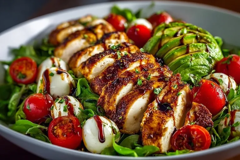 Baked Marinated Chicken Salad with Mozzarella and Balsamic Vinaigrette chicken mushroom soup Baked marinated chicken salad with mozzarella and balsamic vinaigrette served in a bowl