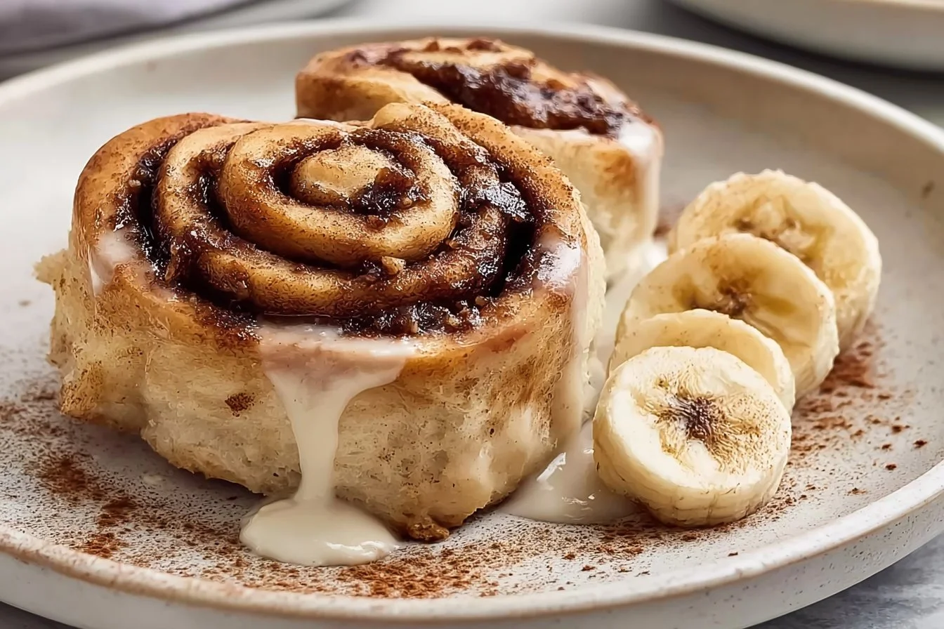Banana Bread Cinnamon Rolls banana bread Delicious banana bread cinnamon rolls drizzled with icing on a plate.