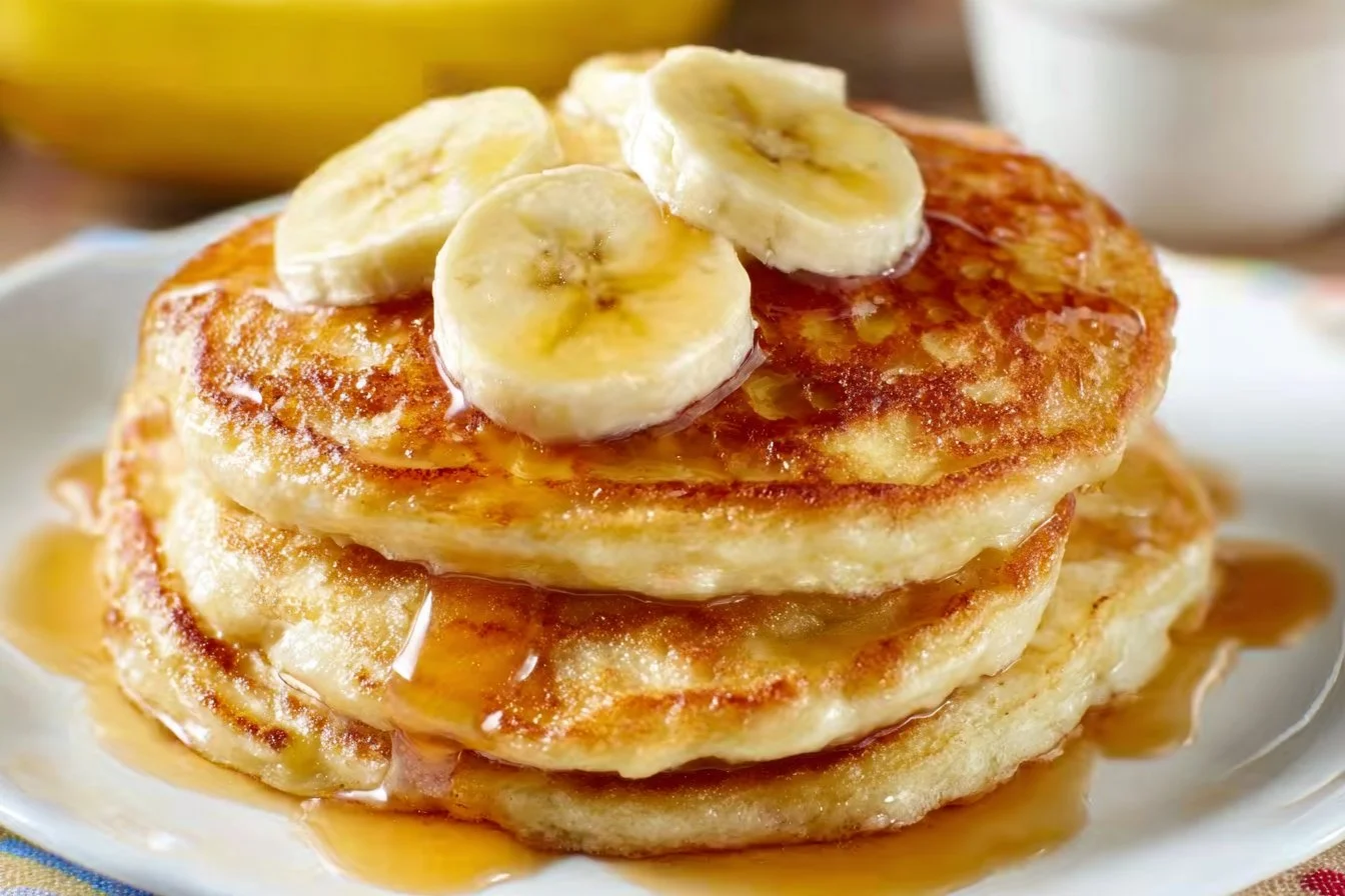 Banana Pancakes banana pancakes Fluffy banana pancakes stacked and served with syrup and fresh fruit