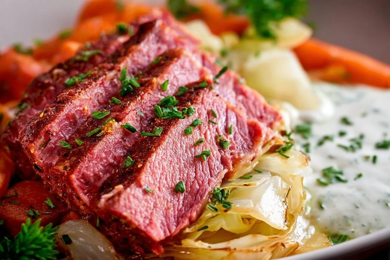 Best Recipe for Corned Beef and Cabbage corned beef and cabbage Delicious corned beef and cabbage served on a plate with vegetables.