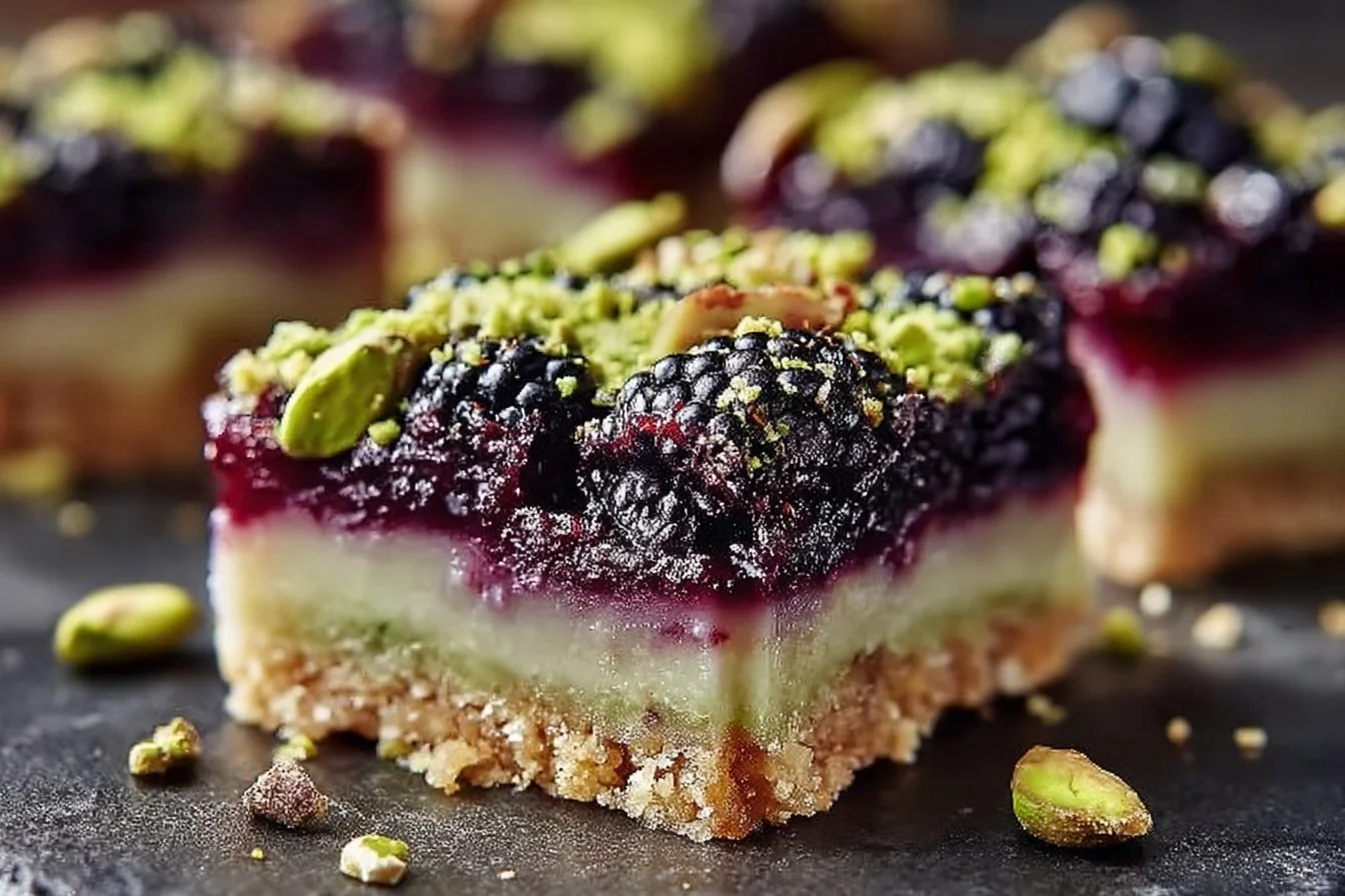 Blackberry Pistachio Dream Bars: Irresistible Homemade Bliss Blackberry Pistachio Dream Bars Delicious Blackberry Pistachio Dream Bars on a wooden table