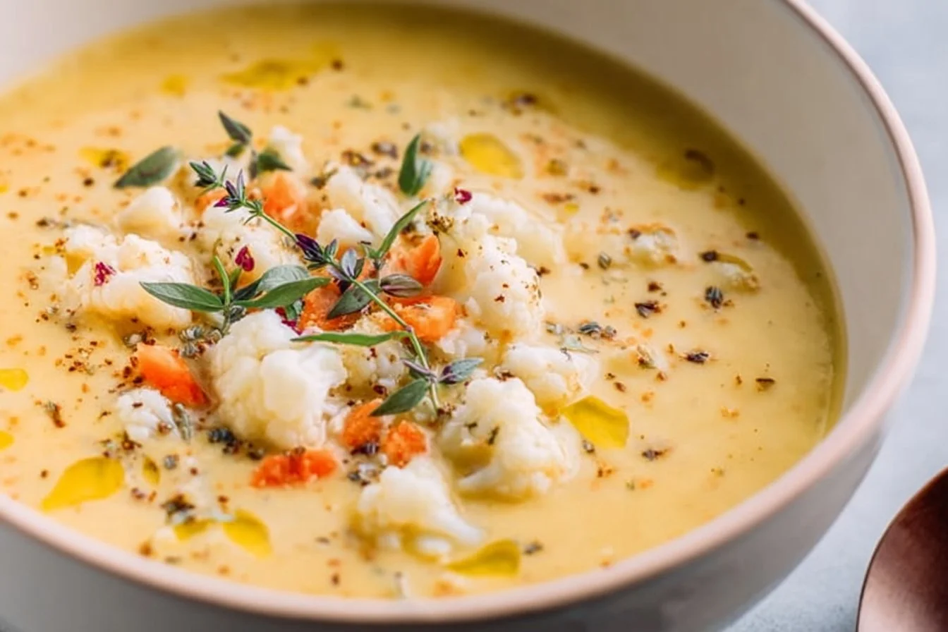 Cauliflower Soup cauliflower soup Bowl of creamy cauliflower soup garnished with herbs