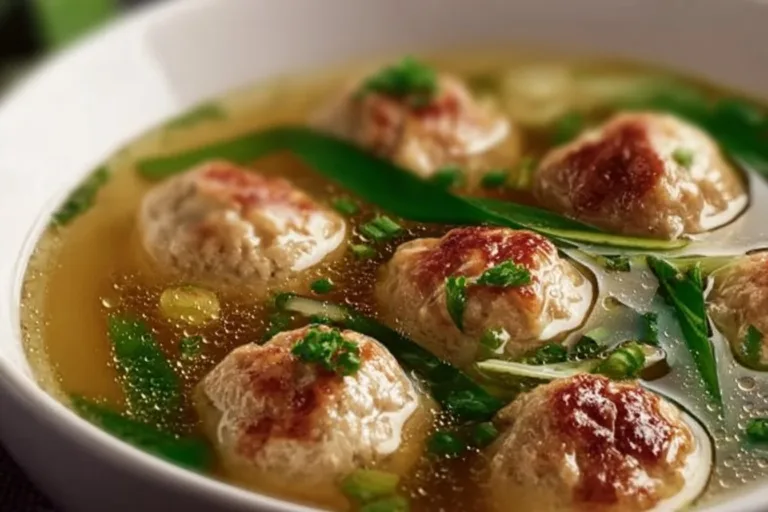 A bowl of delicious Chicken Meatball Soup garnished with herbs and vegetables.