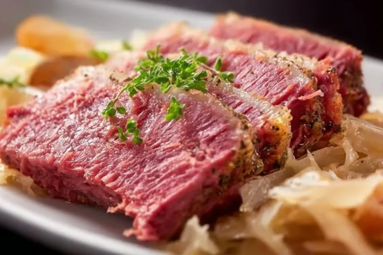 Delicious plate of corned beef and sauerkraut served with mustard.