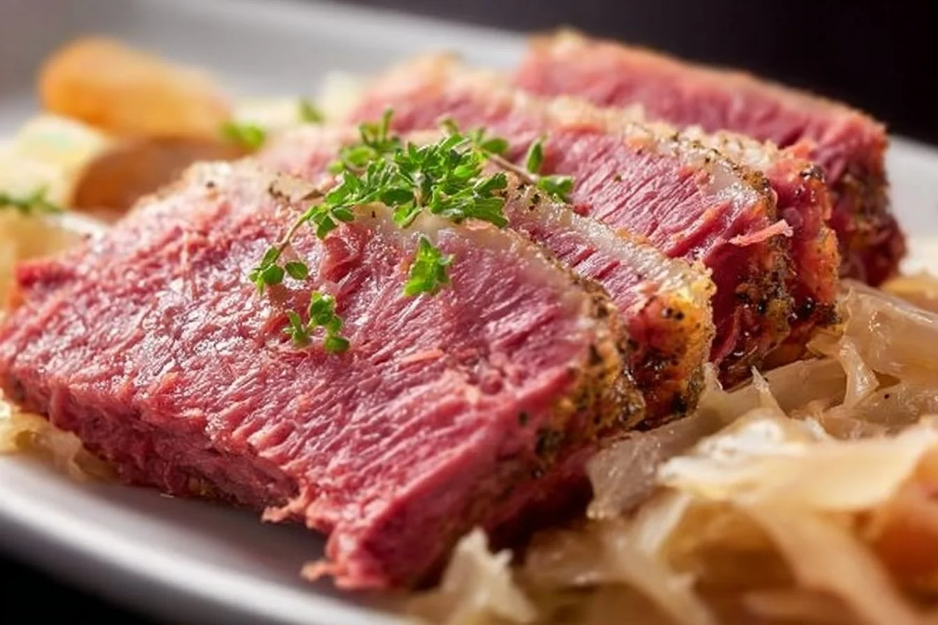 Corned Beef and Sauerkraut corned beef Delicious plate of corned beef and sauerkraut served with mustard.