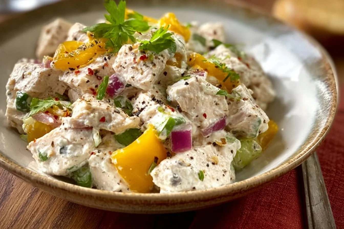 Cottage Cheese Chicken Salad with Banana Peppers chicken salad Cottage Cheese Chicken Salad with Banana Peppers in a bowl