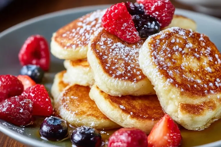 Cottage Cheese Pancakes potato cakes Fluffy cottage cheese pancakes stacked with syrup and berries on a plate.