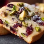 Cranberry Pistachio Shortbread cookies on a decorative plate