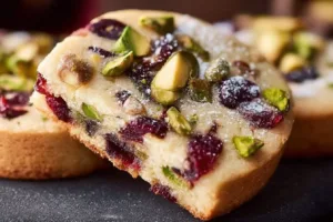 Cranberry Pistachio Shortbread cookies on a decorative plate