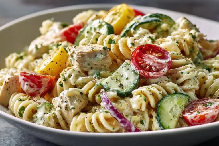 Creamy Ranch Protein Pasta Salad street corn pasta salad Creamy Ranch Protein Pasta Salad in a bowl with colorful vegetables