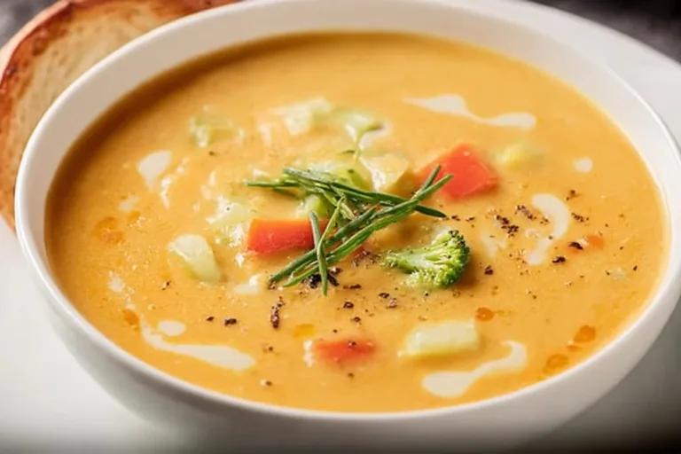 Bowl of creamy vegetable soup garnished with herbs and fresh vegetables.