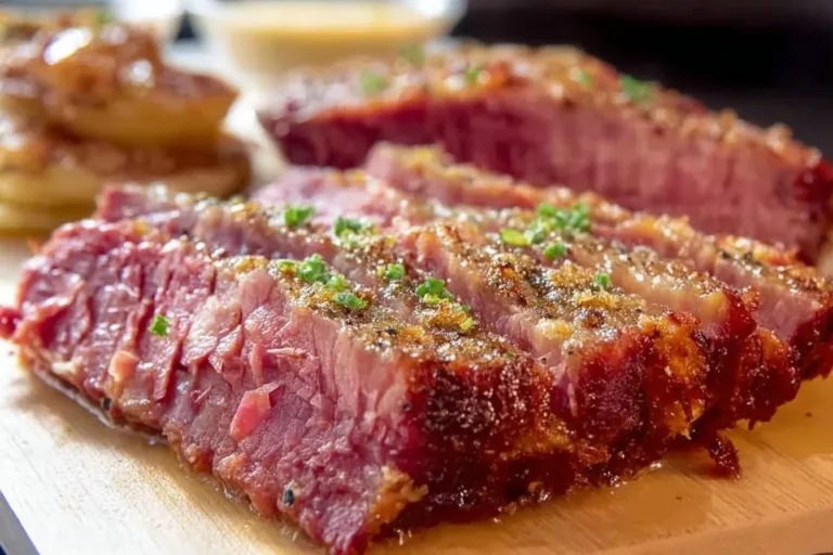 Crispy slow cooker corned beef served with vegetables and sauce