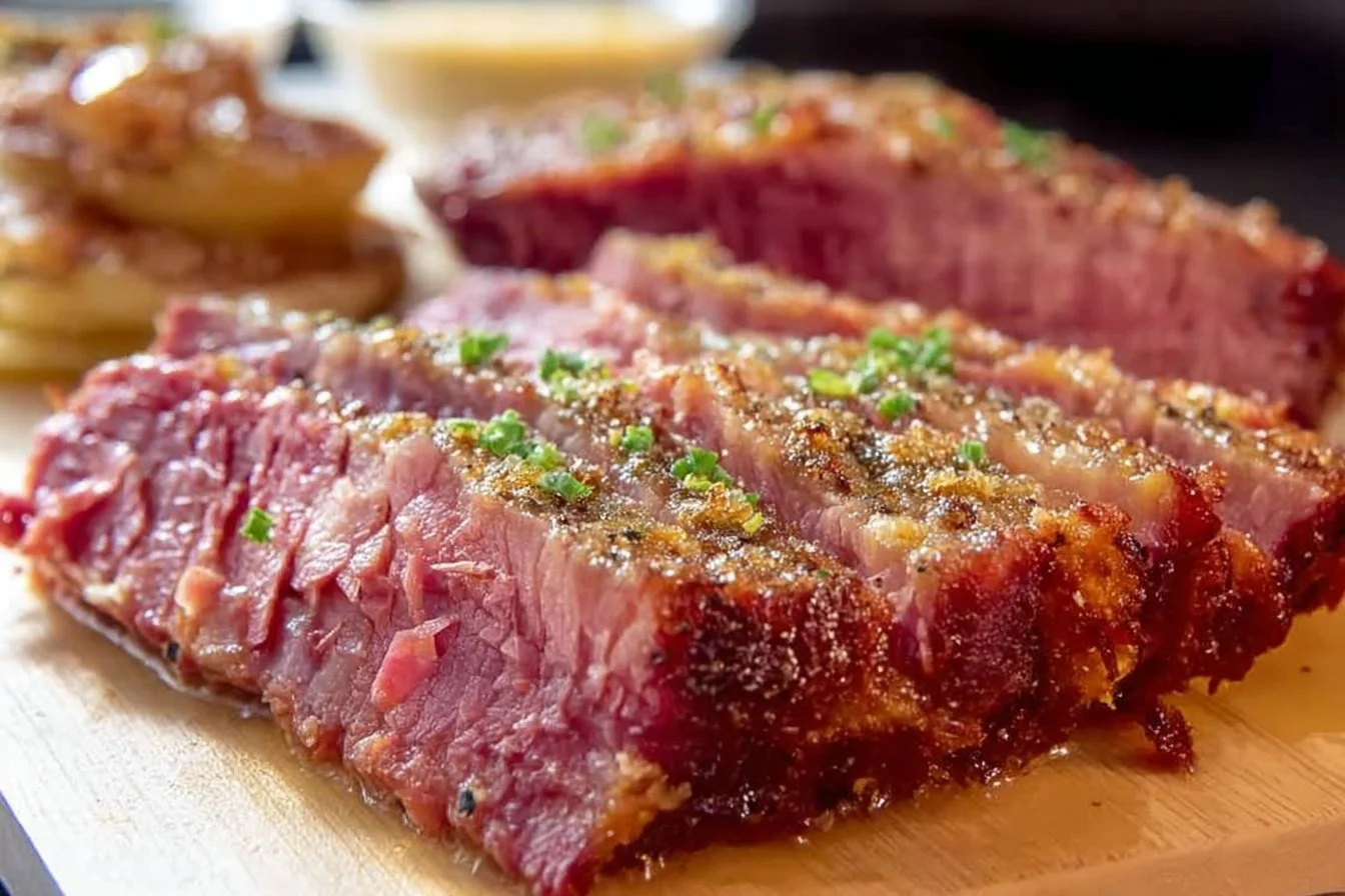 Crispy Slow Cooker Corned Beef corned beef Crispy slow cooker corned beef served with vegetables and sauce