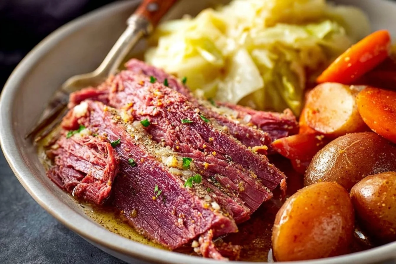 Crockpot Corned Beef and Cabbage Recipe corned beef and cabbage Crockpot corned beef and cabbage served on a plate garnished with parsley.